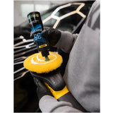 Person using Mirka POLAROS polishing tool with a Mirka yellow lambswool buff pad, applying Polarshine polish